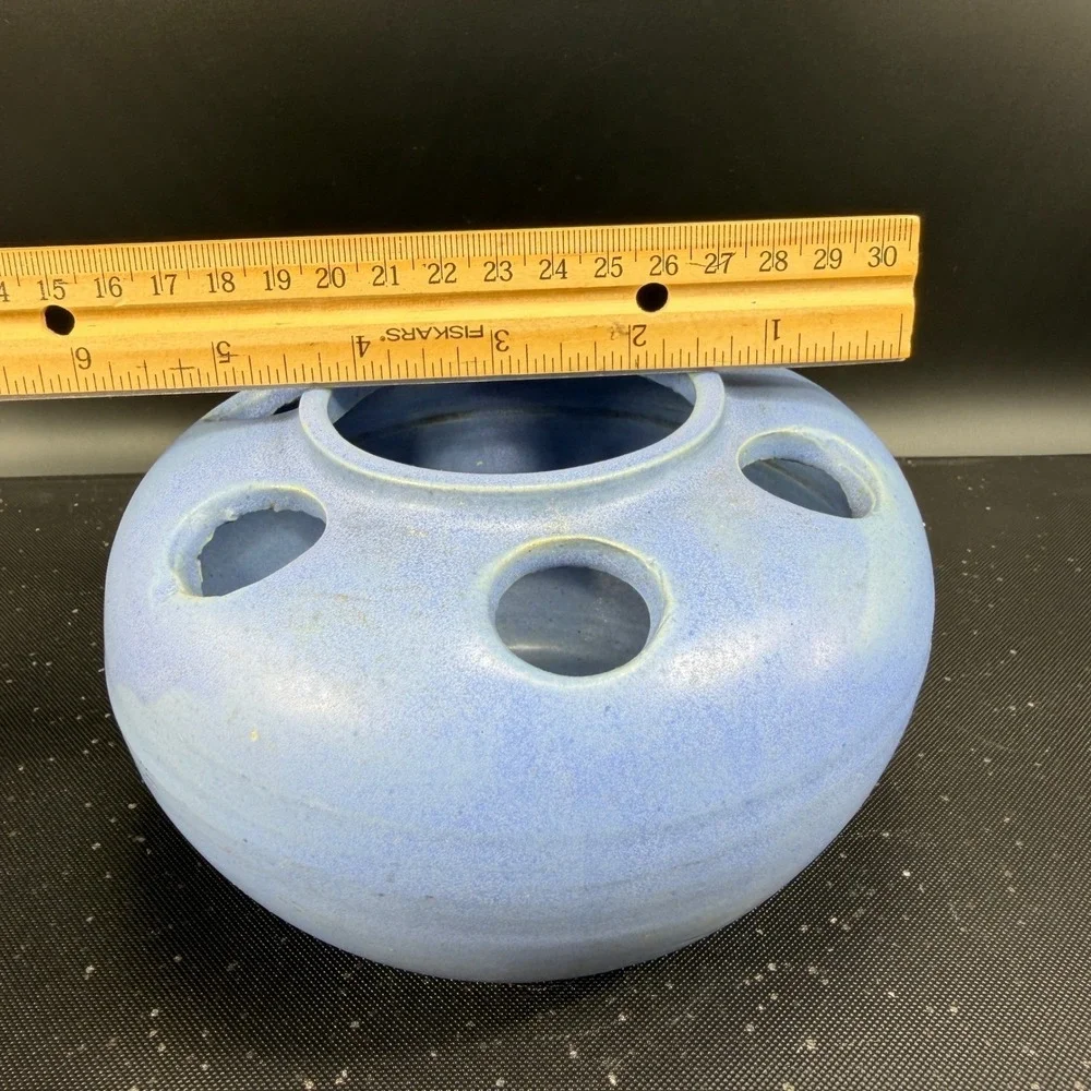 Antique Pale Blue Pottery Large Flower Frog 6-Hole Round Pottery Vase Vessel VTG